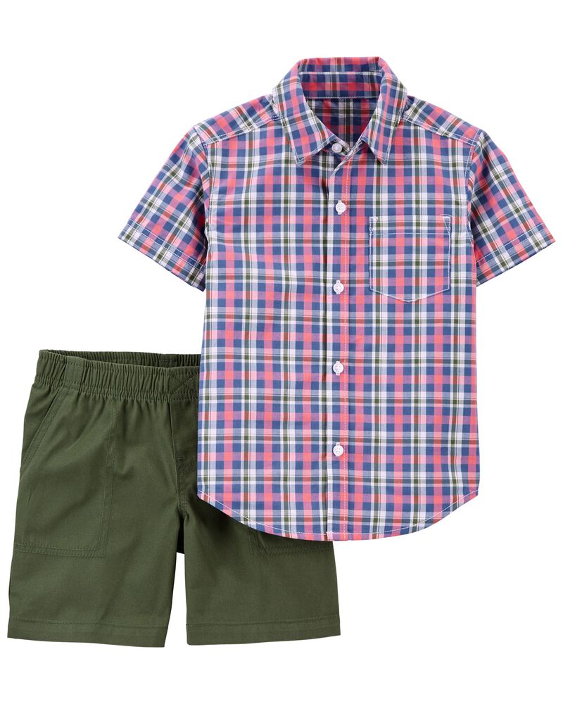 NWT 4T Toddler Boy/'s 2pc Button-Front Plaid Top and Bottom Set Shorts Outfit